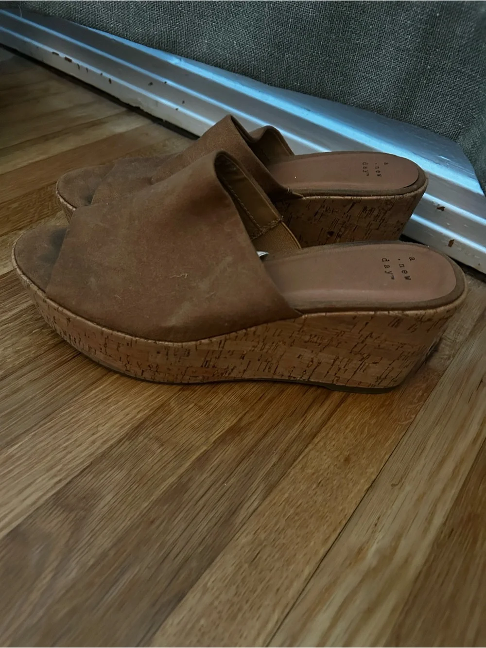 a new day Tan Suede Cork Platform Wedge Slides